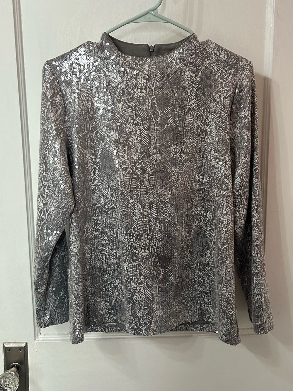 Chico's Silver Sequin Snake-Print Long-Sleeve Top